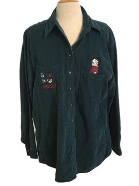 Vintage Betty Boop Womens Green Corduroy Shirt Top XL Y2K 2000 Not In The Mood